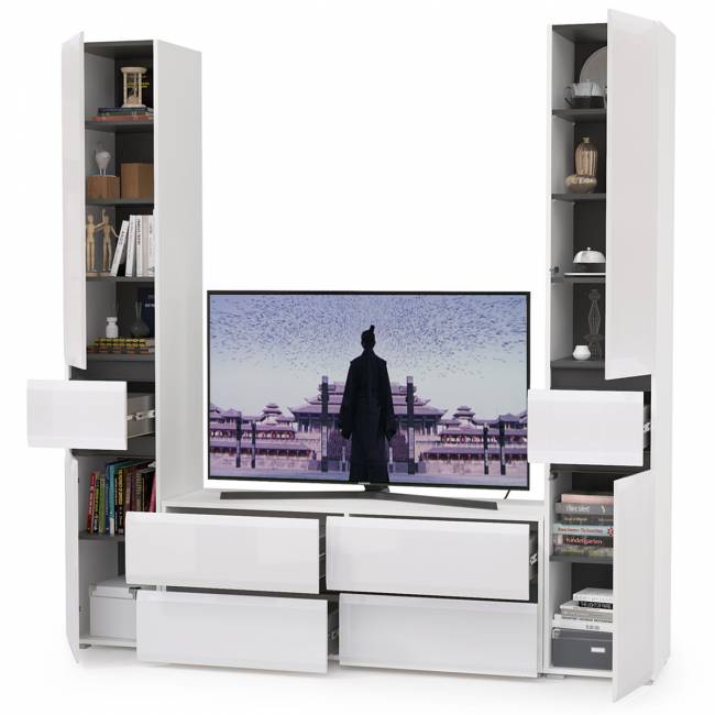 Стенка в гостиную Сидней № 17 цвет белый/чёрный/фасады МДФ белый глянец Стенка в гостиную Сидней № 17 цвет белый/чёрный/фасады МДФ белый глянец