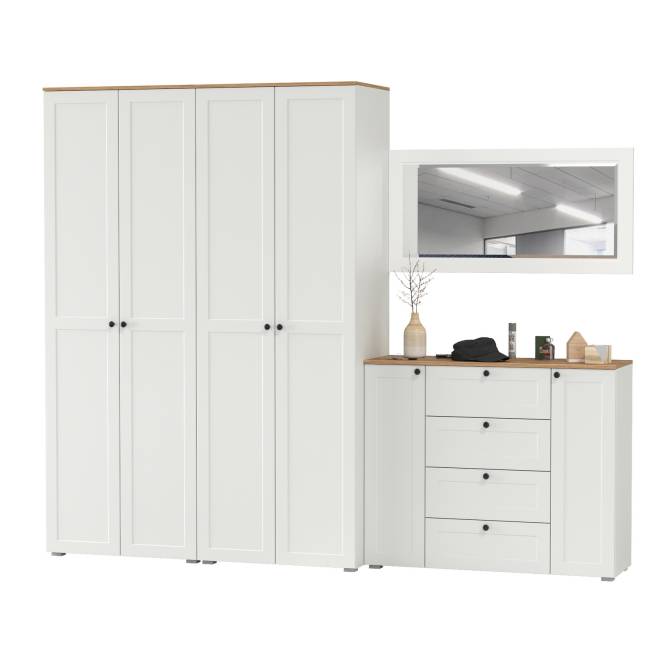 Два платяных шкафа Остин и комод с зеркалом цвет белый шагрень/дуб крафт золотой