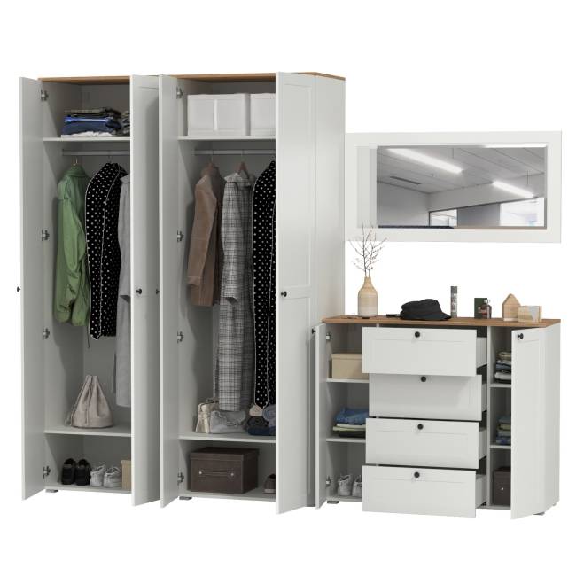 Два платяных шкафа Остин и комод с зеркалом цвет белый шагрень/дуб крафт золотой