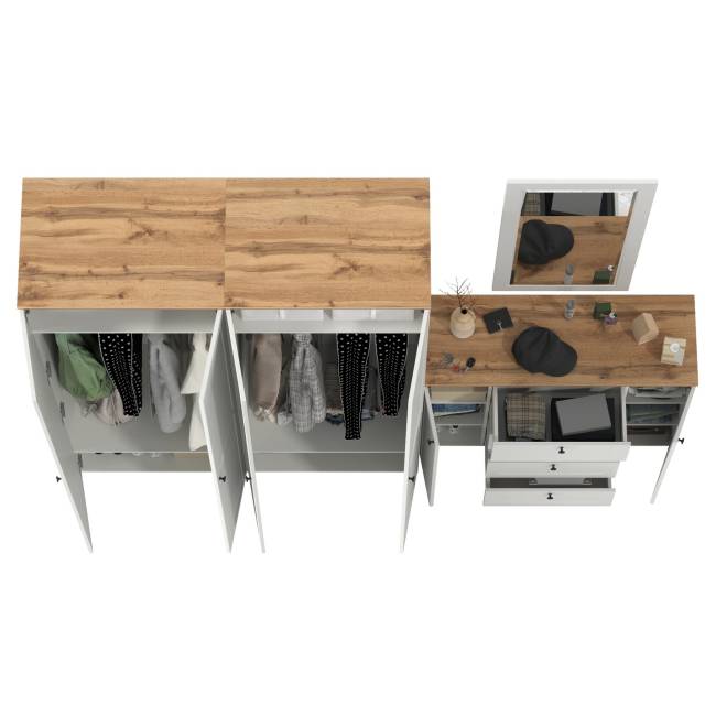 Два платяных шкафа Остин и комод с зеркалом цвет белый шагрень/дуб крафт золотой