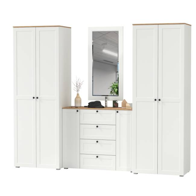 Два платяных шкафа Остин и комод с зеркалом цвет белый шагрень/дуб крафт золотой