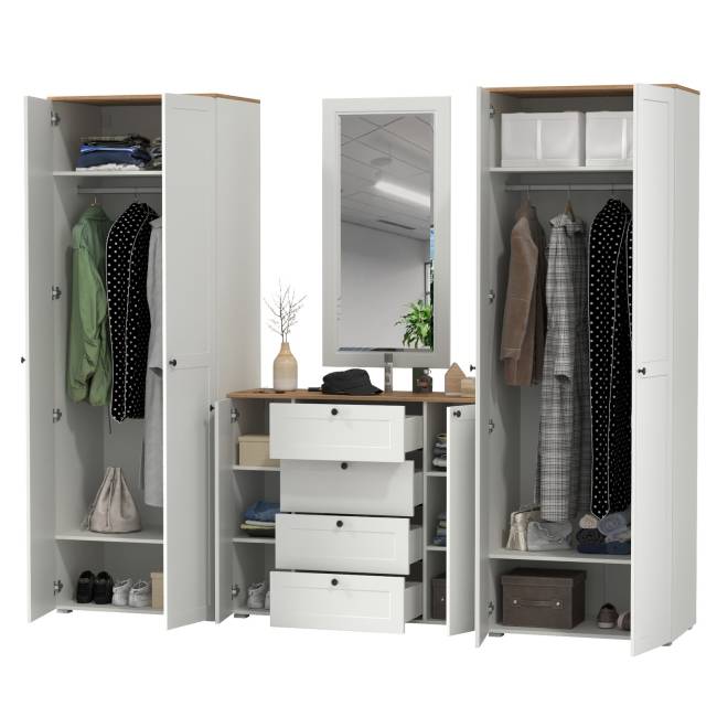 Два платяных шкафа Остин и комод с зеркалом цвет белый шагрень/дуб крафт золотой