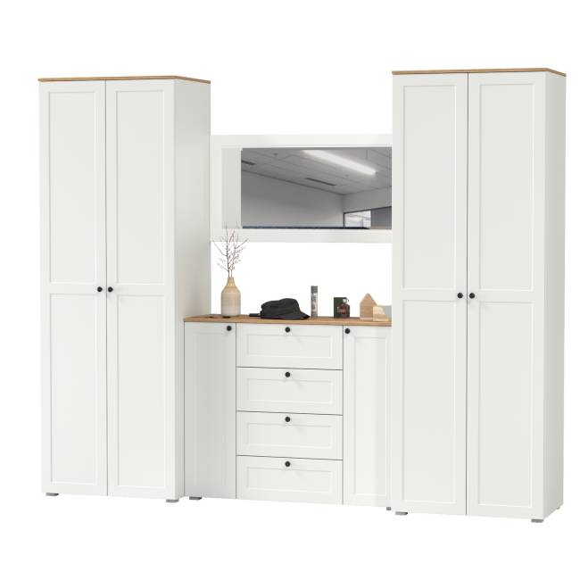 Два платяных шкафа Остин и комод с зеркалом цвет белый шагрень/дуб крафт золотой