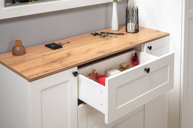 Два платяных шкафа Остин и комод с зеркалом цвет белый шагрень/дуб крафт золотой