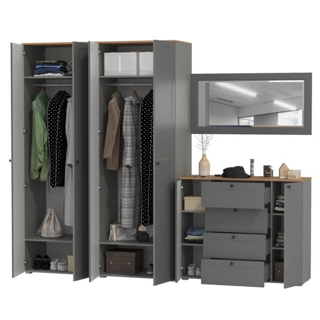 Два платяных шкафа Остин и комод с зеркалом цвет серый графит/дуб крафт золотой Два платяных шкафа Остин и комод с зеркалом цвет серый графит/дуб крафт золотой