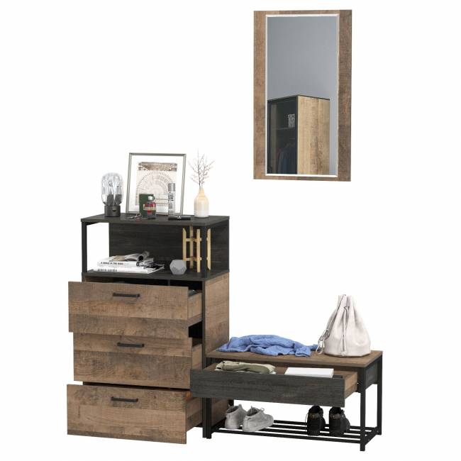 Комод с ящиками и обувница с сиденьем с зеркалом Трувор цвет дуб гранж песочный/интра