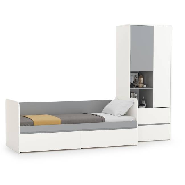 Детская кровать с ящиками и шкаф Торонто цвет белый шагрень/стальной серый