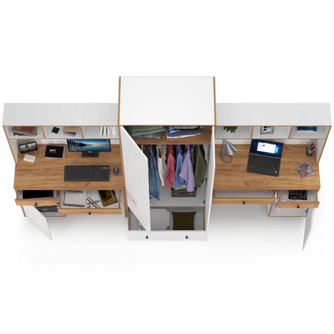 Два компьютерных стола и платяной шкаф Вуди цвет белый премиум/дуб крафт золотой