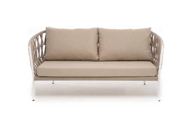 "Диего" диван 2-местный плетеный из роупа, каркас алюминий белый муар, роуп бежевый круглый, ткань бежевая 035 "Диего" диван 2-местный плетеный из роупа, каркас алюминий белый муар, роуп бежевый круглый, ткань бежевая 035