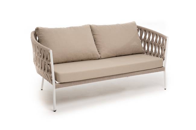 "Диего" диван 2-местный плетеный из роупа, каркас алюминий белый муар, роуп бежевый круглый, ткань бежевая 035 "Диего" диван 2-местный плетеный из роупа, каркас алюминий белый муар, роуп бежевый круглый, ткань бежевая 035