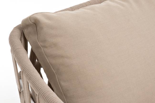 "Диего" диван 2-местный плетеный из роупа, каркас алюминий белый муар, роуп бежевый круглый, ткань бежевая 035 "Диего" диван 2-местный плетеный из роупа, каркас алюминий белый муар, роуп бежевый круглый, ткань бежевая 035