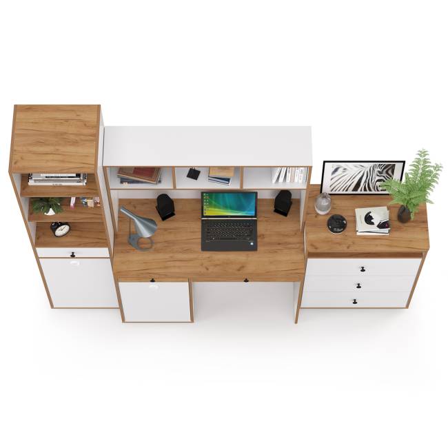 Компьютерный стол, стеллаж и комод с нишей Вуди № 50 цвет белый премиум/дуб крафт золотой