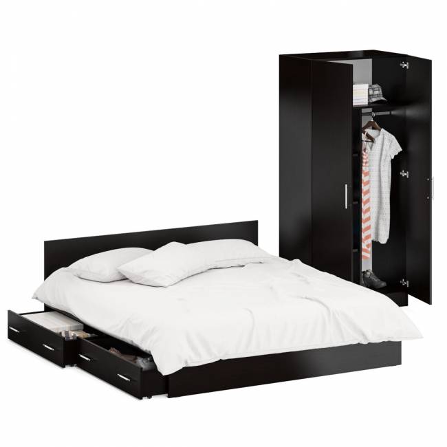 Двуспальная кровать с ящиками 1800 со шкафом для одежды 2-х створчатым Стандарт цвет венге Двуспальная кровать с ящиками 1800 со шкафом для одежды 2-х створчатым Стандарт цвет венге