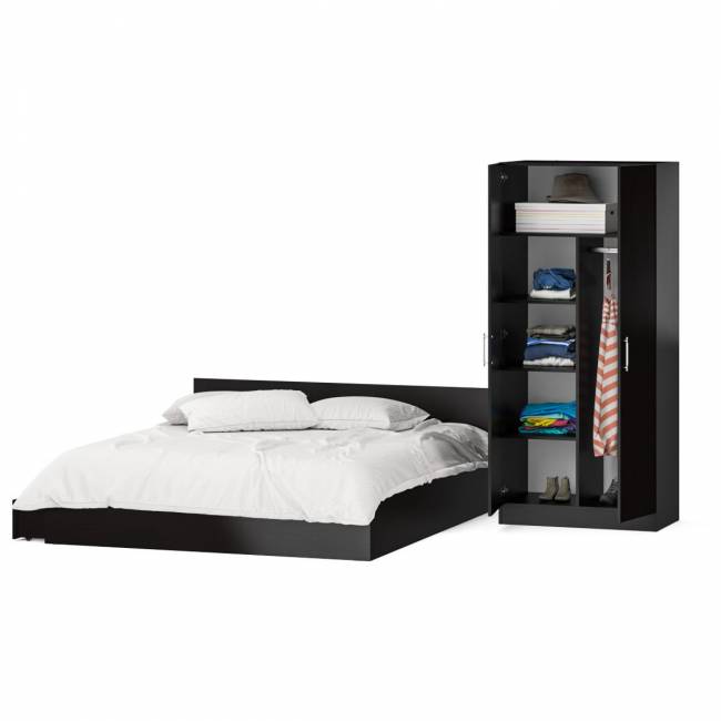 Двуспальная кровать с ящиками 1800 со шкафом для одежды 2-х створчатым Стандарт цвет венге Двуспальная кровать с ящиками 1800 со шкафом для одежды 2-х створчатым Стандарт цвет венге