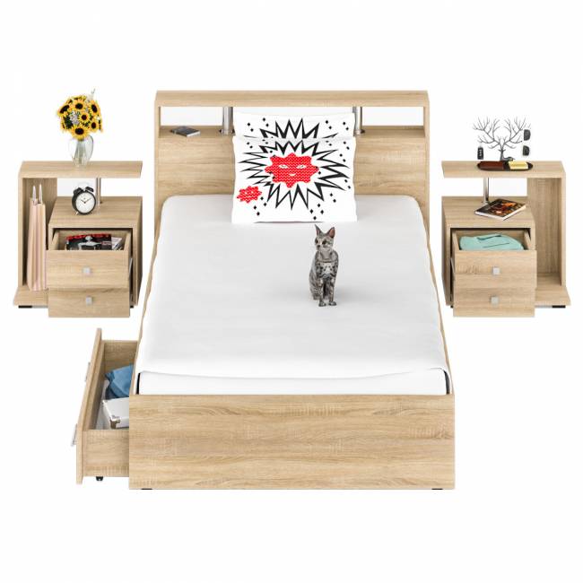 Кровать с ящиками 1200 Камелия + две тумбы цвет дуб сонома