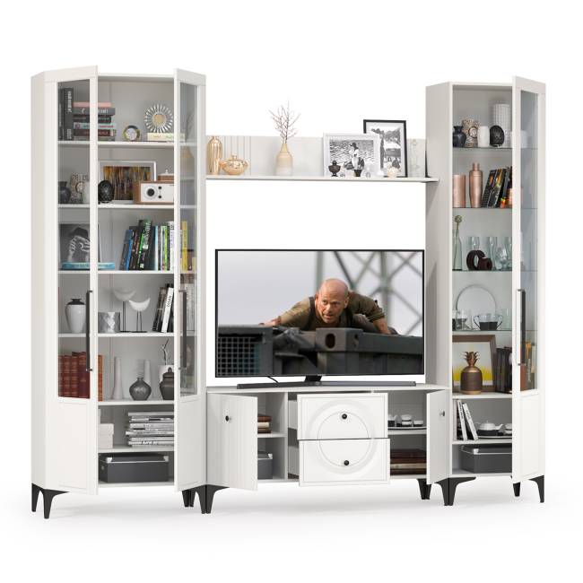 Стенка для гостиной с сервантом Валенсия № 60 цвет белый шагрень