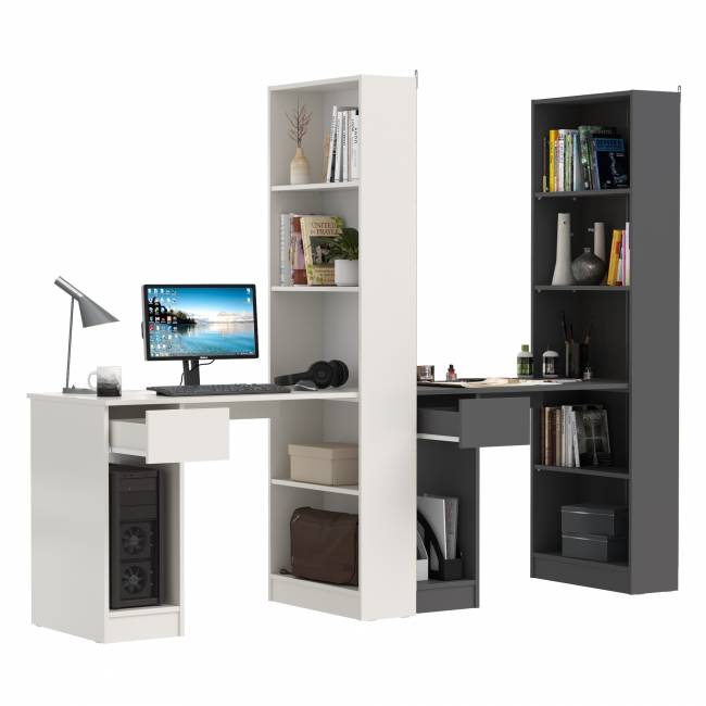 Два стола письменных со стеллажом с полками Лайт 10.01 цвет белый гладкий/тёмно-серый Два стола письменных со стеллажом с полками Лайт 10.01 цвет белый гладкий/тёмно-серый