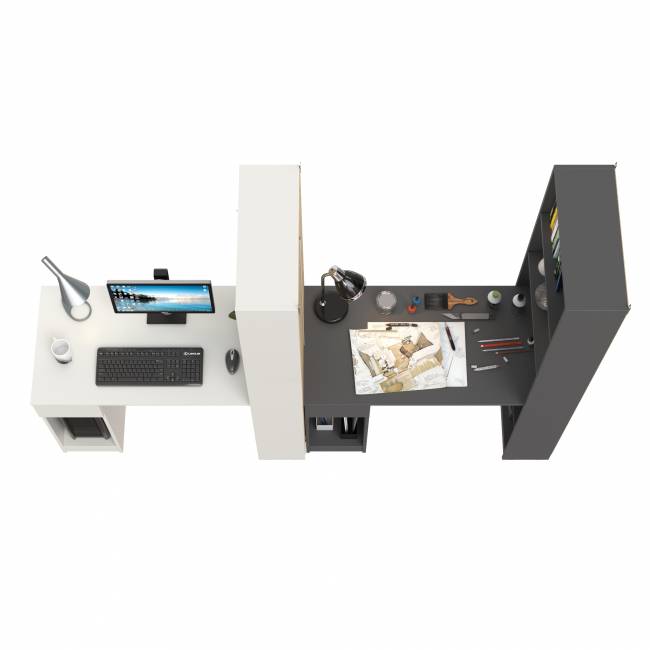 Два стола письменных со стеллажом с полками Лайт 10.01 цвет белый гладкий/тёмно-серый Два стола письменных со стеллажом с полками Лайт 10.01 цвет белый гладкий/тёмно-серый