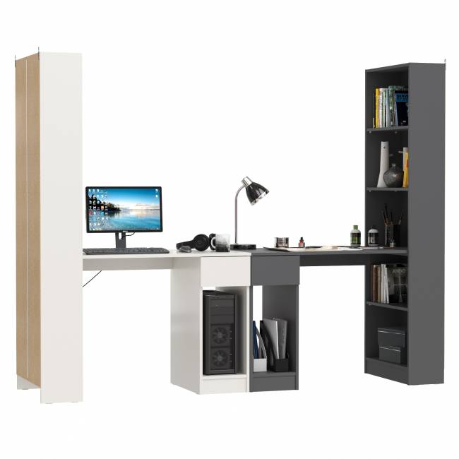 Два стола письменных со стеллажом с полками Лайт 10.01 цвет белый гладкий/тёмно-серый Два стола письменных со стеллажом с полками Лайт 10.01 цвет белый гладкий/тёмно-серый