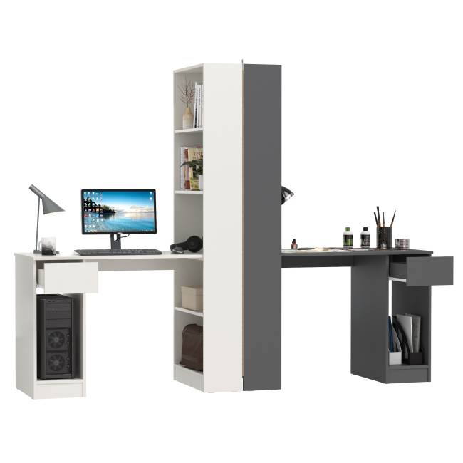 Два стола письменных со стеллажом с полками Лайт 10.01 цвет белый гладкий/тёмно-серый Два стола письменных со стеллажом с полками Лайт 10.01 цвет белый гладкий/тёмно-серый
