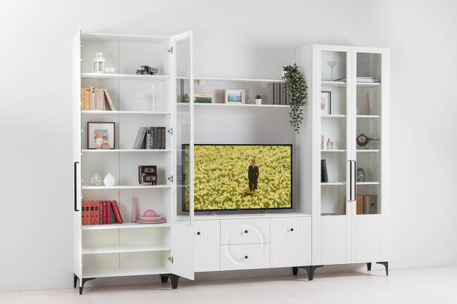 Два широких серванта и ТВ-тумба Валенсия цвет белый шагрень