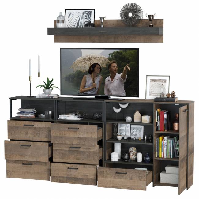 Два комода с ящиками с навесной полкой и комод с ящиком и дверкой в гостиную Трувор цвет дуб гранж песочный/интра Два комода с ящиками с навесной полкой и комод с ящиком и дверкой в гостиную Трувор цвет дуб гранж песочный/интра