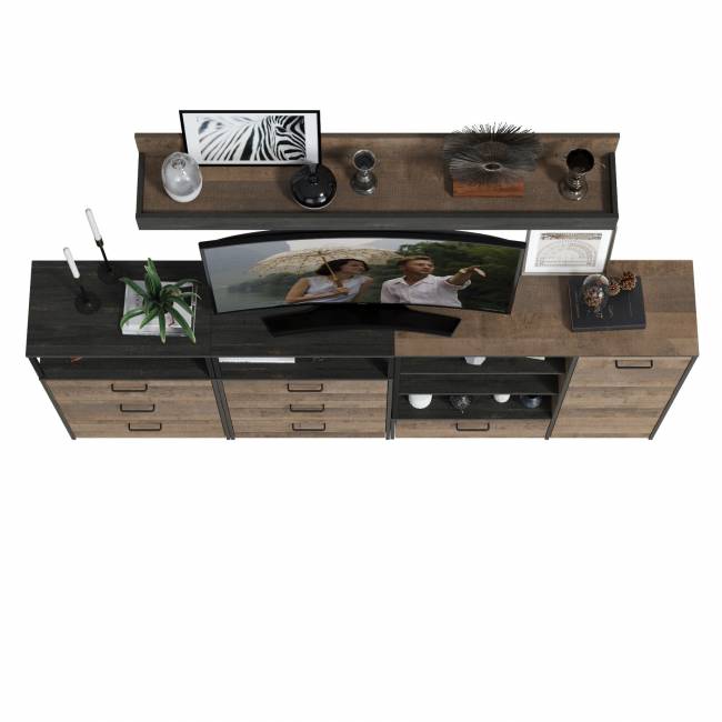 Два комода с ящиками с навесной полкой и комод с ящиком и дверкой в гостиную Трувор цвет дуб гранж песочный/интра Два комода с ящиками с навесной полкой и комод с ящиком и дверкой в гостиную Трувор цвет дуб гранж песочный/интра