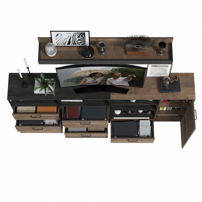 Два комода с ящиками с навесной полкой и комод с ящиком и дверкой в гостиную Трувор цвет дуб гранж песочный/интра Два комода с ящиками с навесной полкой и комод с ящиком и дверкой в гостиную Трувор цвет дуб гранж песочный/интра