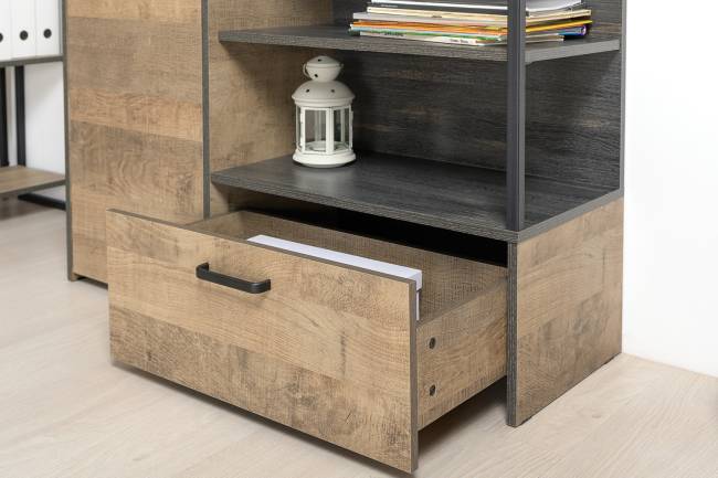 Два комода с ящиками с навесной полкой и комод с ящиком и дверкой в гостиную Трувор цвет дуб гранж песочный/интра Два комода с ящиками с навесной полкой и комод с ящиком и дверкой в гостиную Трувор цвет дуб гранж песочный/интра